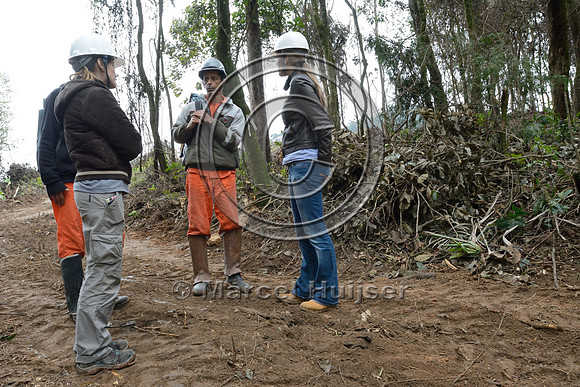 Reinaldo, Camylla Pereira da Silva, Servilio Mendes and Fernanda Abra at the edge of the Atlantic forest in the process of being cut for the northern outer beltway(Rodoanel Norte) of São Paulo, Brazil