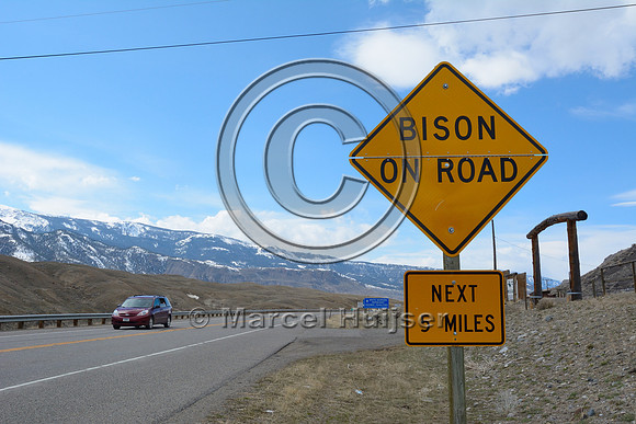 Wildlife warning sign, Bison on road, next 5 miles, US Hwy 89, northern edge of Gardiner, Montana, USA