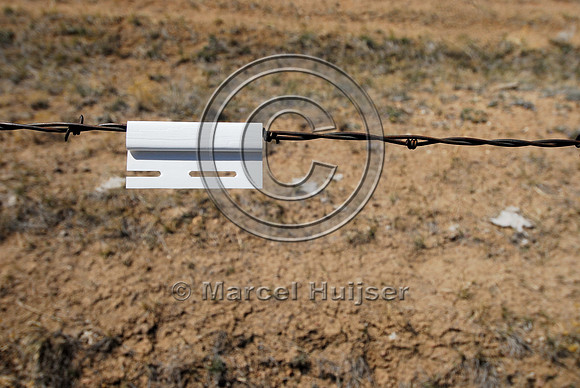 Markers on livestock fences or right-of-way fences to reduce sage grouse colliding with these fences, near Bannack, Montana, USA