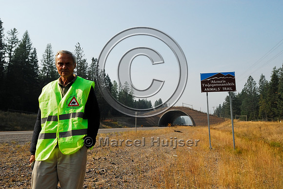 George Schaller at wildlife overpass US Hwy 93, Evaro, Montana, USA