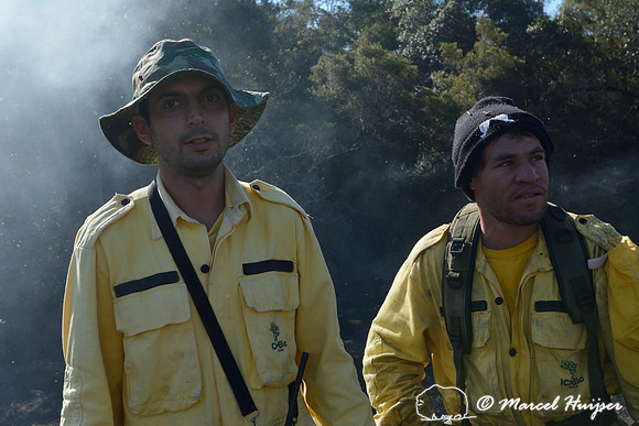 Fire fighters after putting out a grassland fire, Parque Nacional da Serra da Bocaina, São Paulo, Brazil