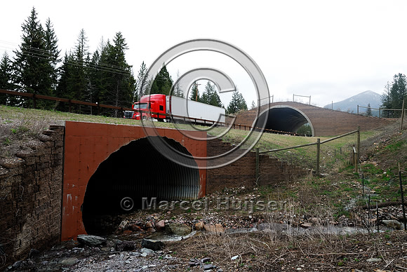 Wildlife underpass (foreground) and overpass (background), Flathead Indian Reservation, near Evaro, Montana, USA