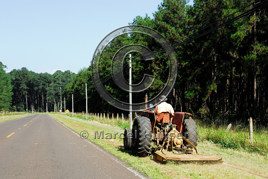 Mowing of right-of-way vegetation, near Itirapina, Sao Paulo, Brazil