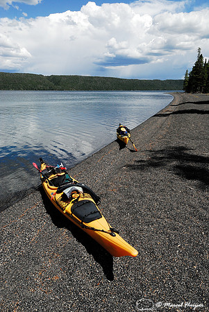 Kayaks at campsite on Shoshone lake, Yellowstone National Park, Wyoming, USA