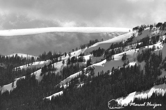 Windswept snowfields on mountain in late winter, Wyoming, USA