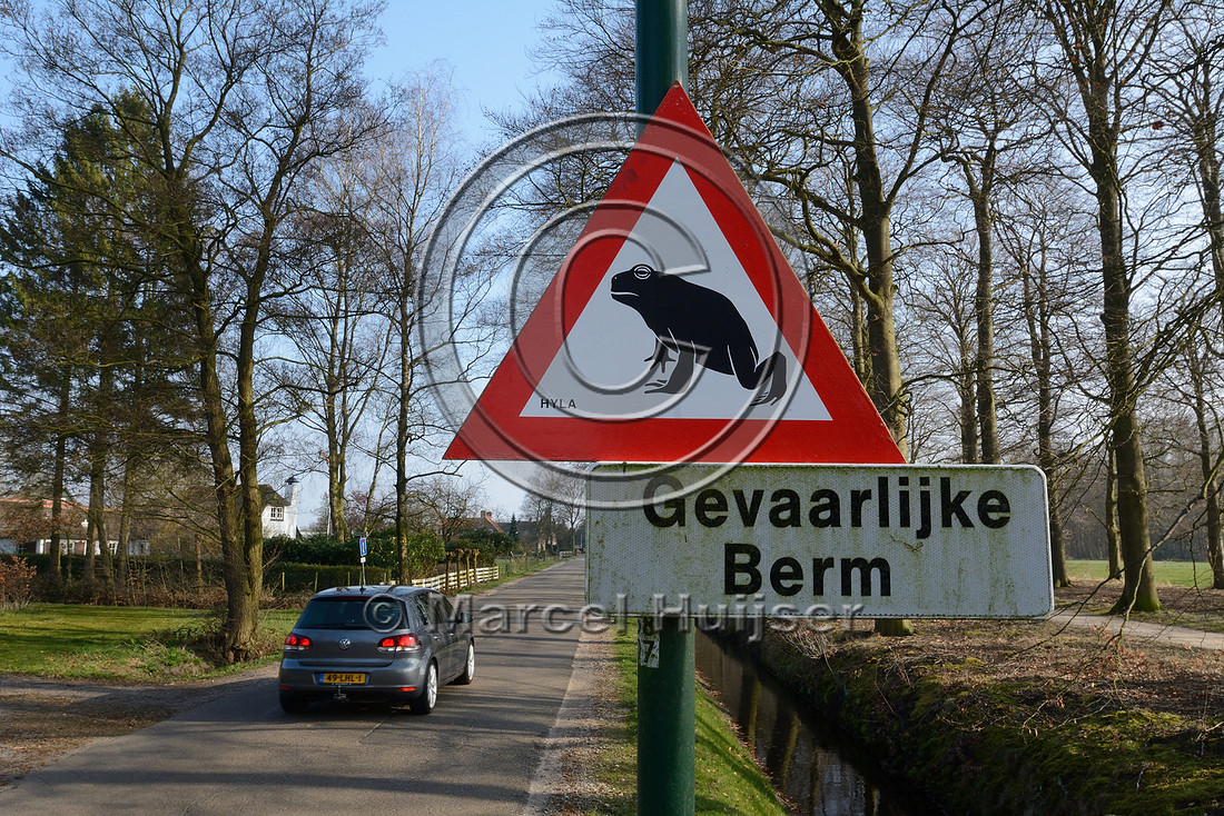 Wildlife warning sign, Seasonal warning sign for common toads (Bufo bufo) during spring migration, Soest, The Netherlands