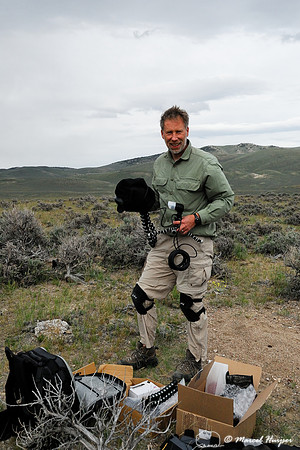 Marcel Huijser sets up camera equipment to photograph pygmy rabbits, near Bannack, Montana, USA