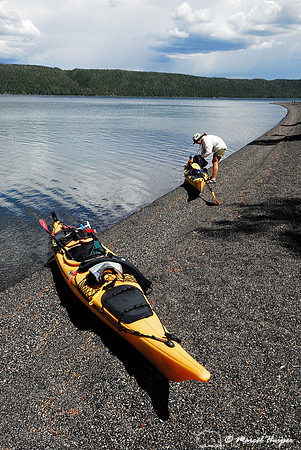 Kayaks at campsite on Shoshone lake, Yellowstone National Park, Wyoming, USA