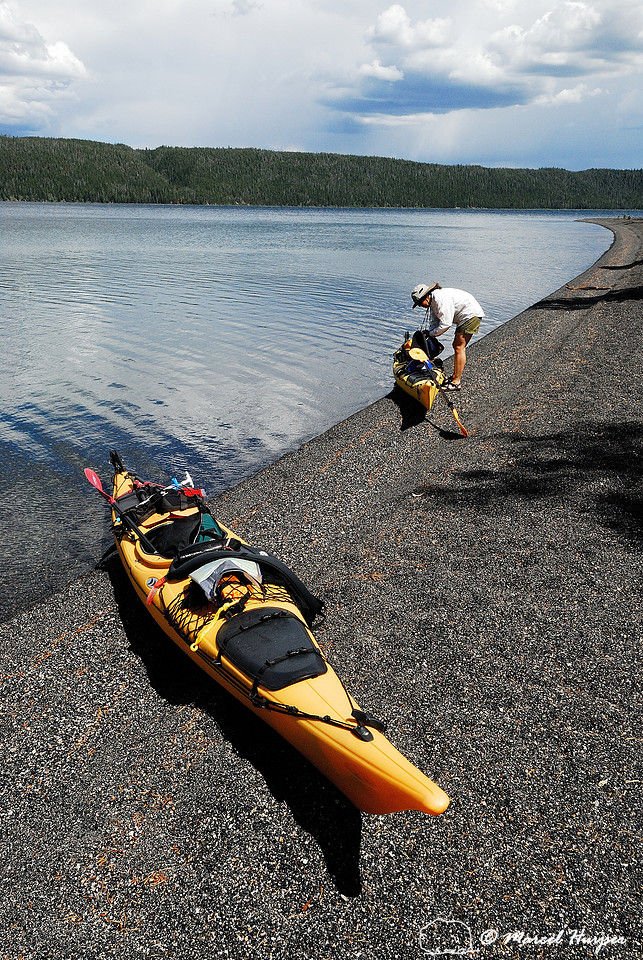 Kayaks at campsite on Shoshone lake, Yellowstone National Park, Wyoming, USA