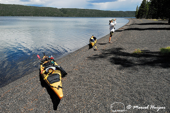 Kayaks at campsite on Shoshone lake, Yellowstone National Park, Wyoming, USA