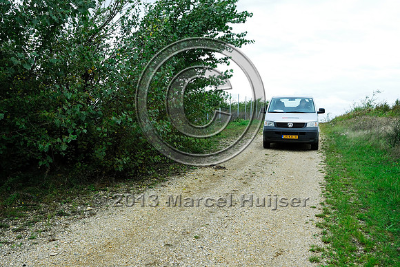 Car on low volume road on top of multifunctional overpass (wildlife and farm road, about 100 m wide), across A4 motorway, Parndorf, Austria