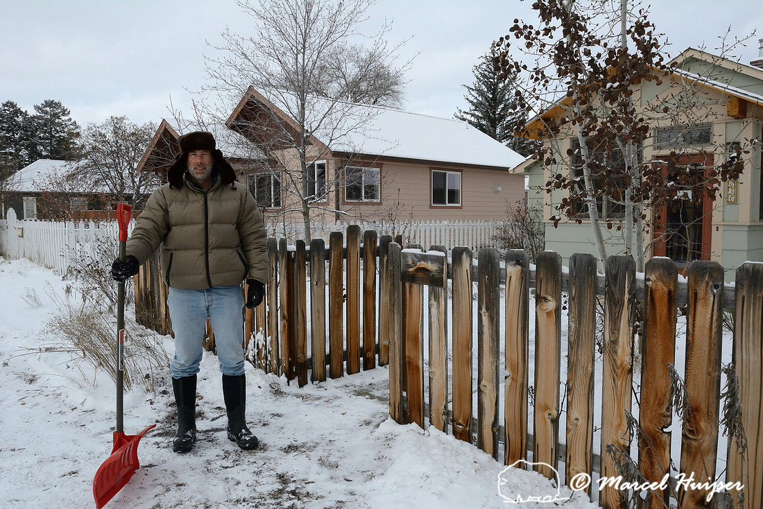 Marcel Huijser shoveling snow in Missoula, Montana, USA