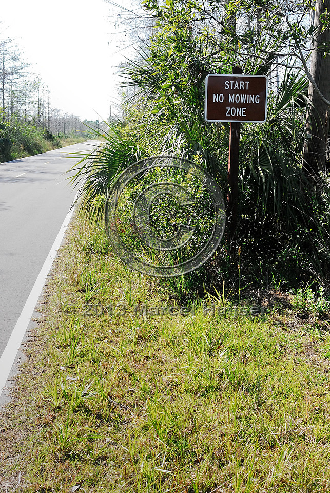 Maintenance sign, start no mowing zone, Big Cypress National Preserve, Florida, USA