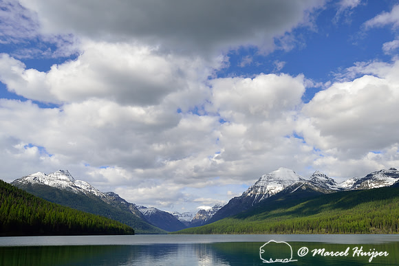 Mountains and sky, Bowman Lake, Glacier National Park, Montana, USA