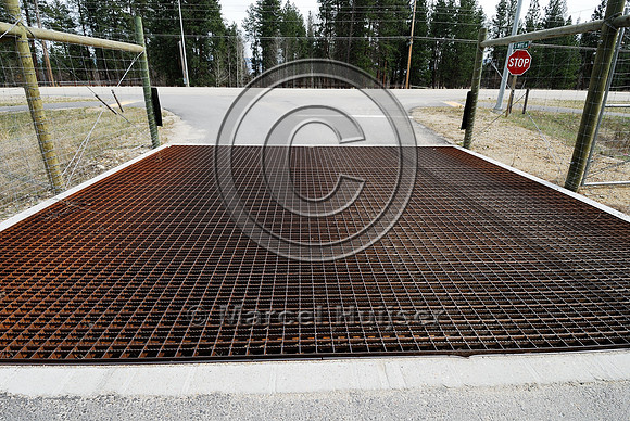 Rubber strips at a wildlife guard installed to make it more difficult for deer (Odocoileus spp.) to walk across the concrete ledge and access the highway, near Stevensville, Montana, USA