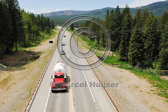 View from the top of wildlife overpas with traffic, US Hwy 93, MT