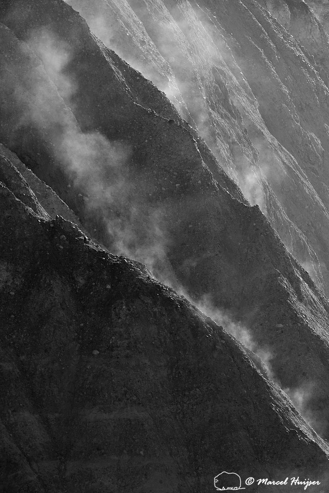 Cliffs in morning fog above Yellowstone River at Tower Falls, Wy