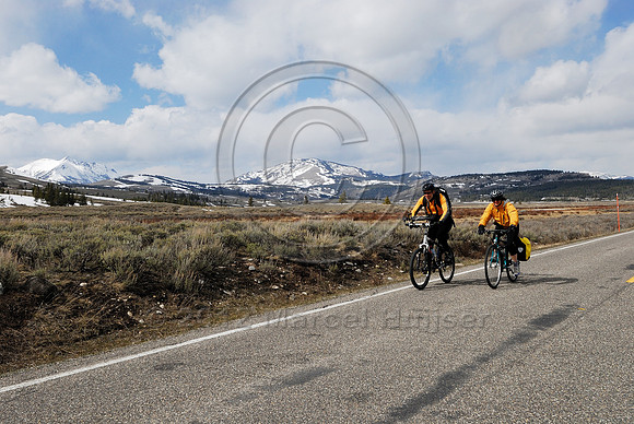 Bicyclists  photographers with tripod attached to a rack on the handlebars and camera backpack before roads open to motorized traffic in Yellowstone National Park, Wyoming, USA