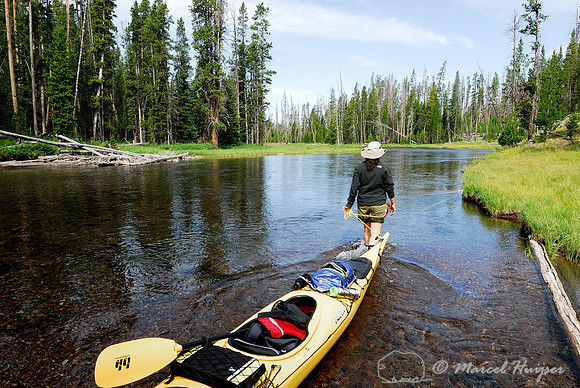 Bethanie Walder pulls kayak through shallow part of Lewis channel between Lewis Lake and Shoshone Lake, Yellowstone National Park, Wyoming, USA