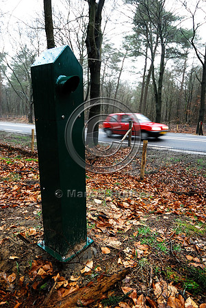 Animal detection system LED SICK WS WE 45 at a gap in a wildlife fence near Harderwijk, The Netherland