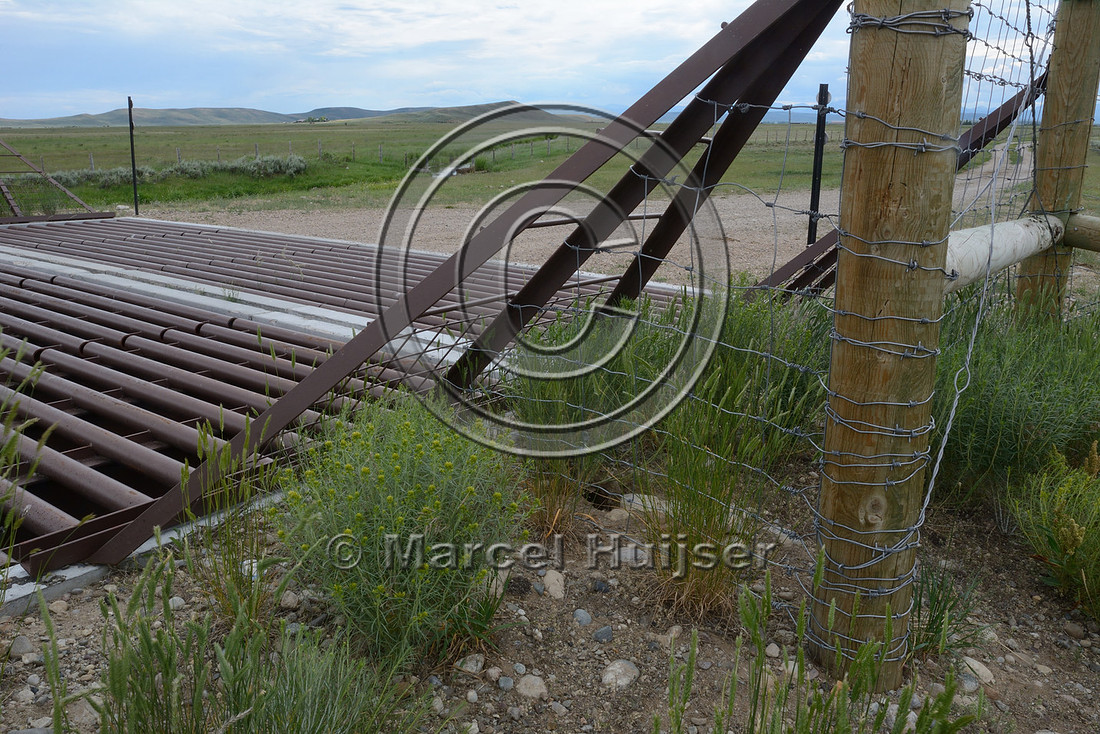Double wide cattleguard to exclude wild ungulates from fenced road corridor, US Hwy 191, North of Daniel Jct, near Pinedale, Wyoming, USA