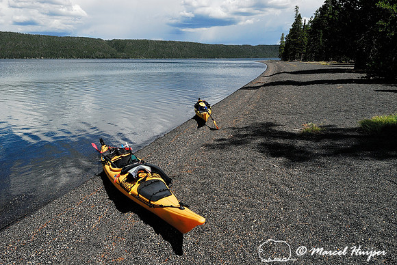 Kayaks at campsite on Shoshone lake, Yellowstone National Park, Wyoming, USA