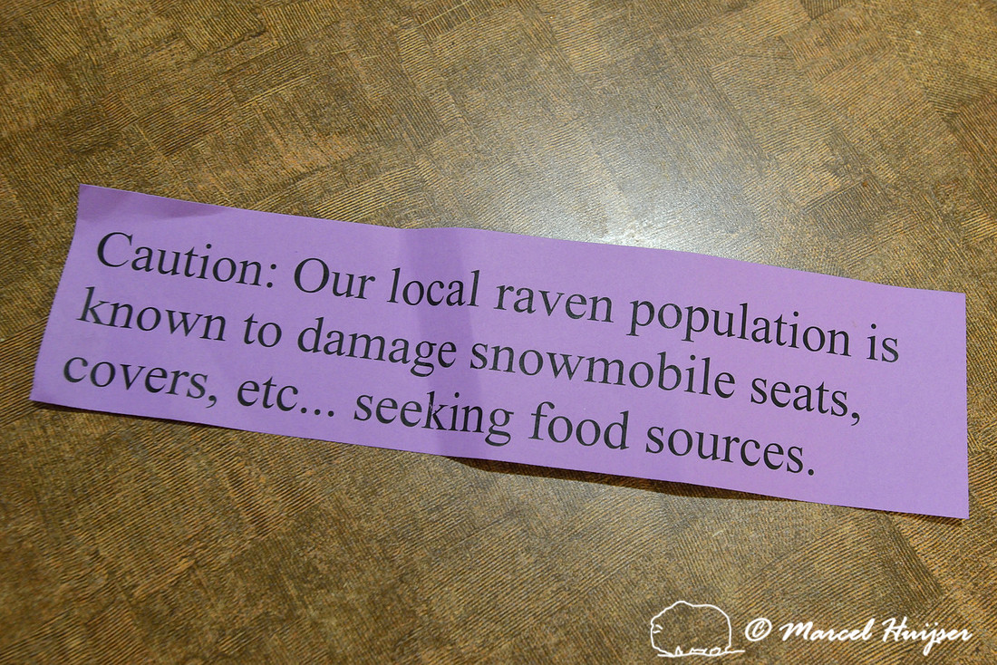 Warning message from hotel staff. Caution, our local raven population is known to damage snowmobile seats, covers, etc... seeking food sources, West Yellowstone, Montana, USA