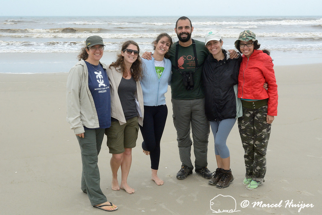 From left to right: Bethanie Walder, Fernanda Zimmermann Teixeira, Larissa Oliveira Gonçalves, Diogenes Borges Machado, Paula Pinheiro, Gabriela Schuck, coast at Lagoa do Peixe, Rio Grande do Sul, Bra