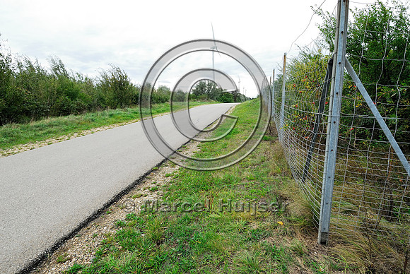 Wildlife fence at multifunctional overpass (wildlife, bicyclists, pedestrians; about 100 m wide), across A4 motorway, Parndorf, Austria