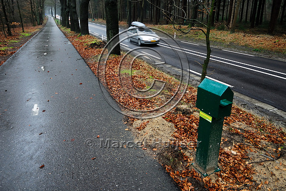Animal detection system LED SICK WS WE 45 at a gap in a wildlife fence near Harderwijk, The Netherland