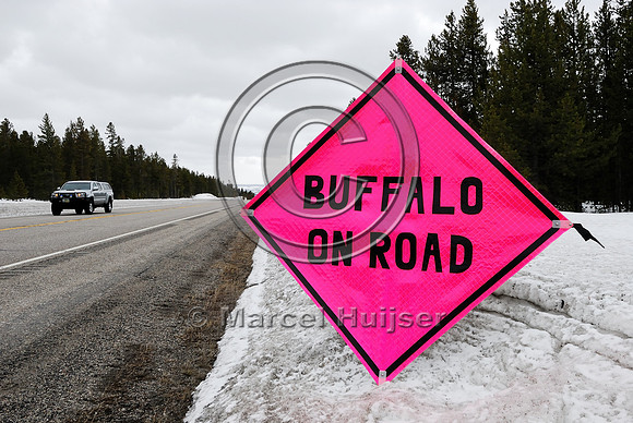 Wildlife warning sign, Buffalo on road, MT
