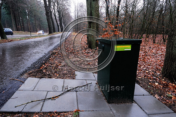 Animal detection system LED SICK WS WE 45 at a gap in a wildlife fence near Harderwijk, The Netherland