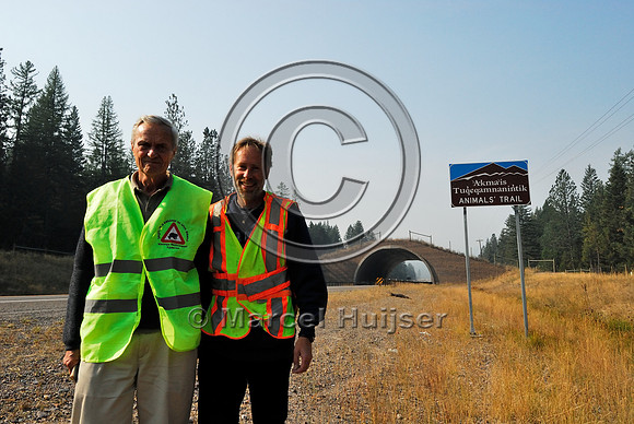 George Schaller and Marcel Huijser at wildlife overpass US Hwy 93, Evaro, Montana, USA