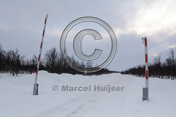 Barriers to close road at high snow levels, Hwy 27, south of Rondane National Park, Norway