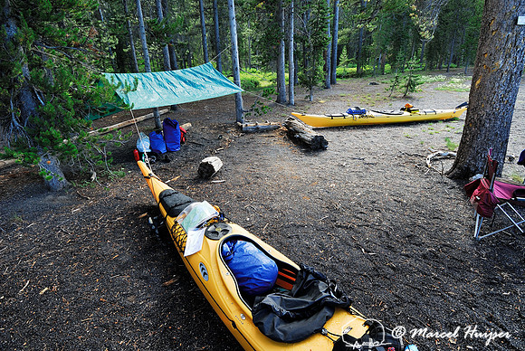 Kayaks at campsite on Shoshone lake, Yellowstone National Park, Wyoming, USA