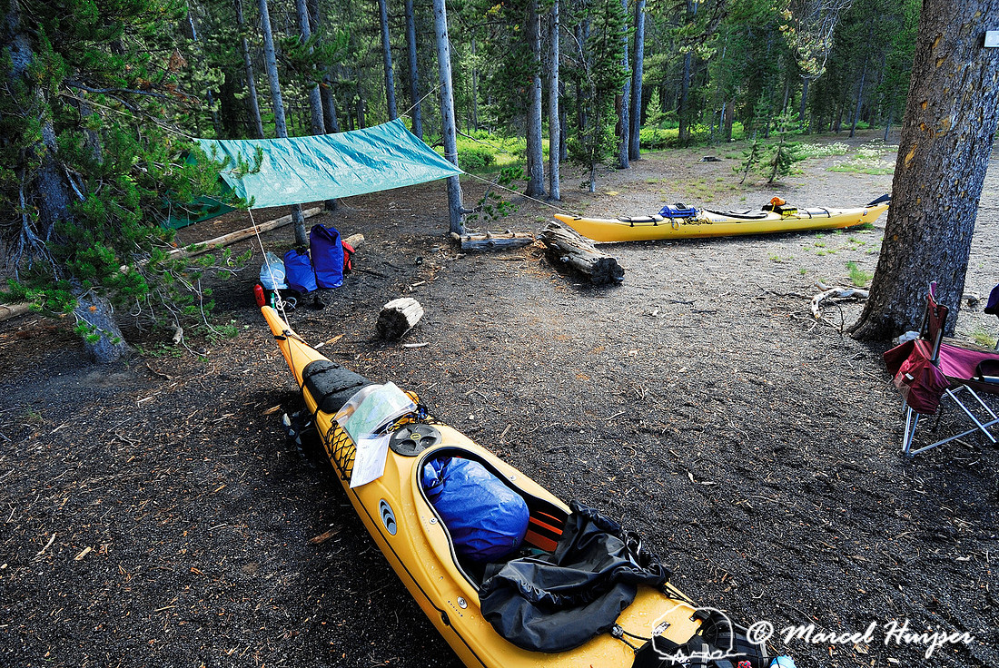 Kayaks at campsite on Shoshone lake, Yellowstone National Park, Wyoming, USA