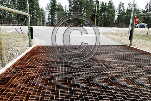 Rubber strips at a wildlife guard installed to make it more difficult for deer (Odocoileus spp.) to walk across the concrete ledge and access the highway, near Stevensville, Montana, USA