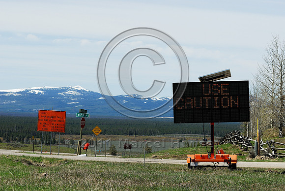 Animals on roadway, Next 10 miles, Use caution, variable message sign, US Hwy 191, West Yellowstone, MT