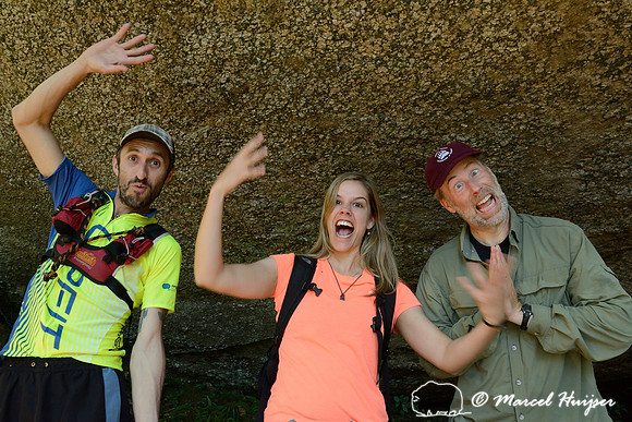 Hamilton (guide, trail runner, yoga practitioner), Fernanda Abra, and Marcel Huijser monkey around in Atlantic forest, near São Francisco Xavier, Brazil