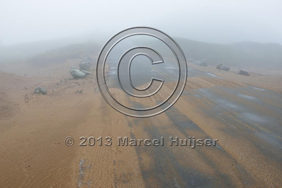 Warning sign, caution sand draft, on road, Point Reyes National Seashore, California, USA