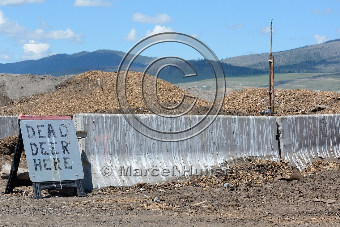 Dead deer here sign, roadkill composting facility, Montana, USA